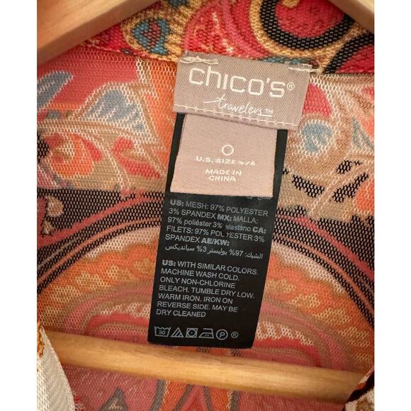 Chicos Multicolor Patterned Button Up Semi Sheer Blouse S Boho Artsy Bohemian - Picture 3 of 10